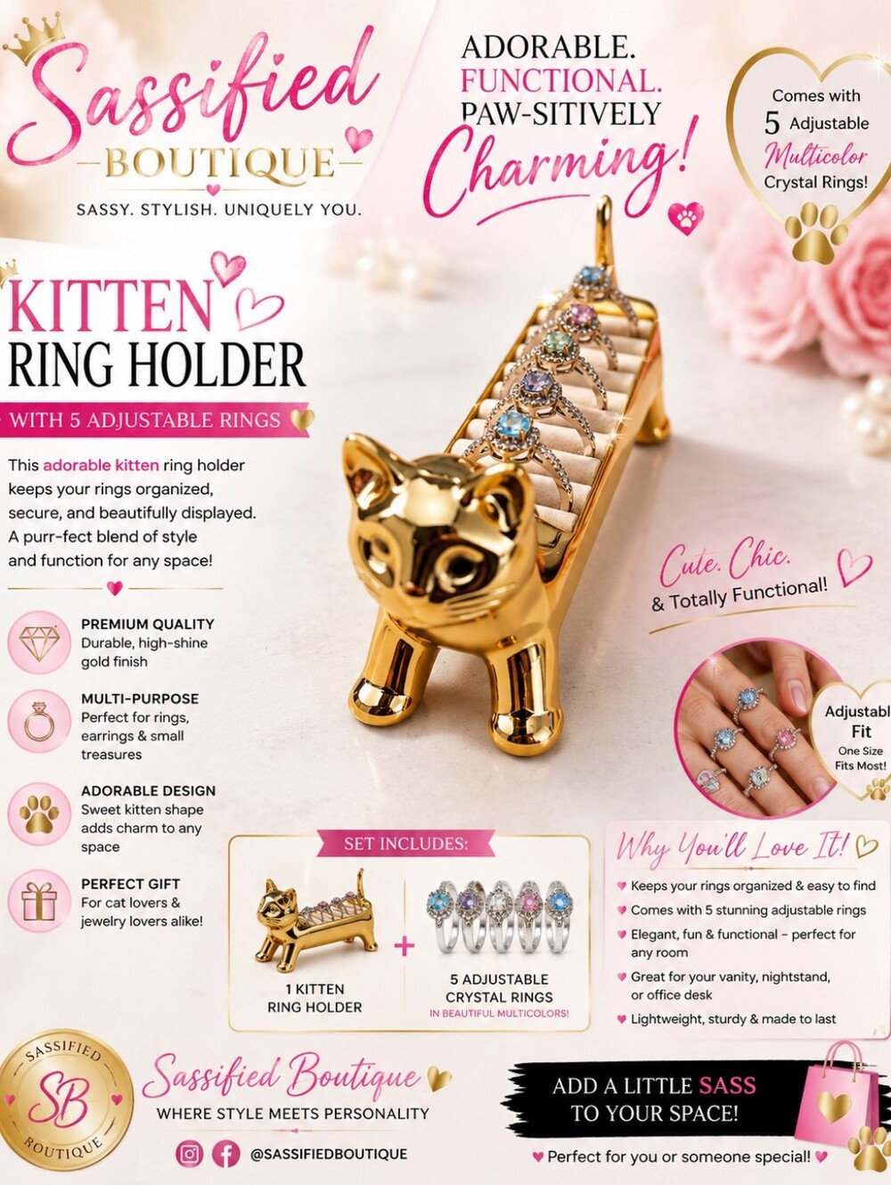Sassified Boutique  Nwt Gold Kitten Ring Holder Gift Set